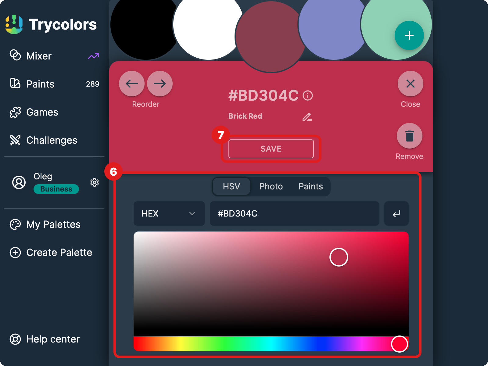 Color editing modal