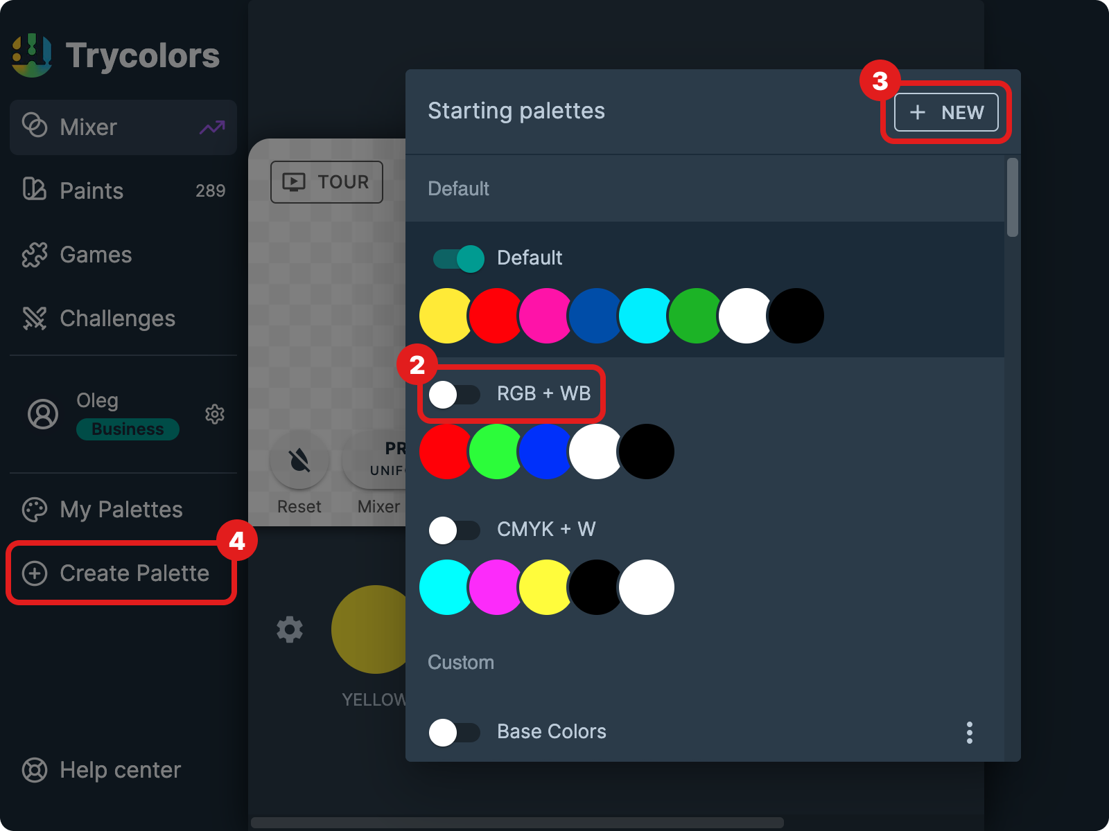 Starting palette selection modal