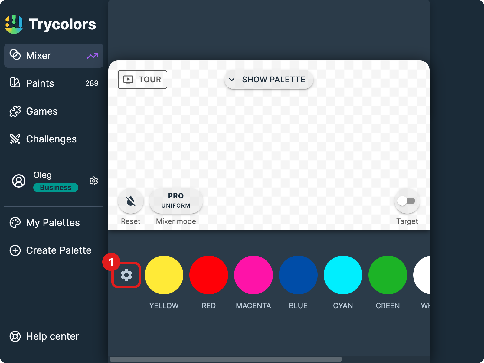 Starting palette settings button