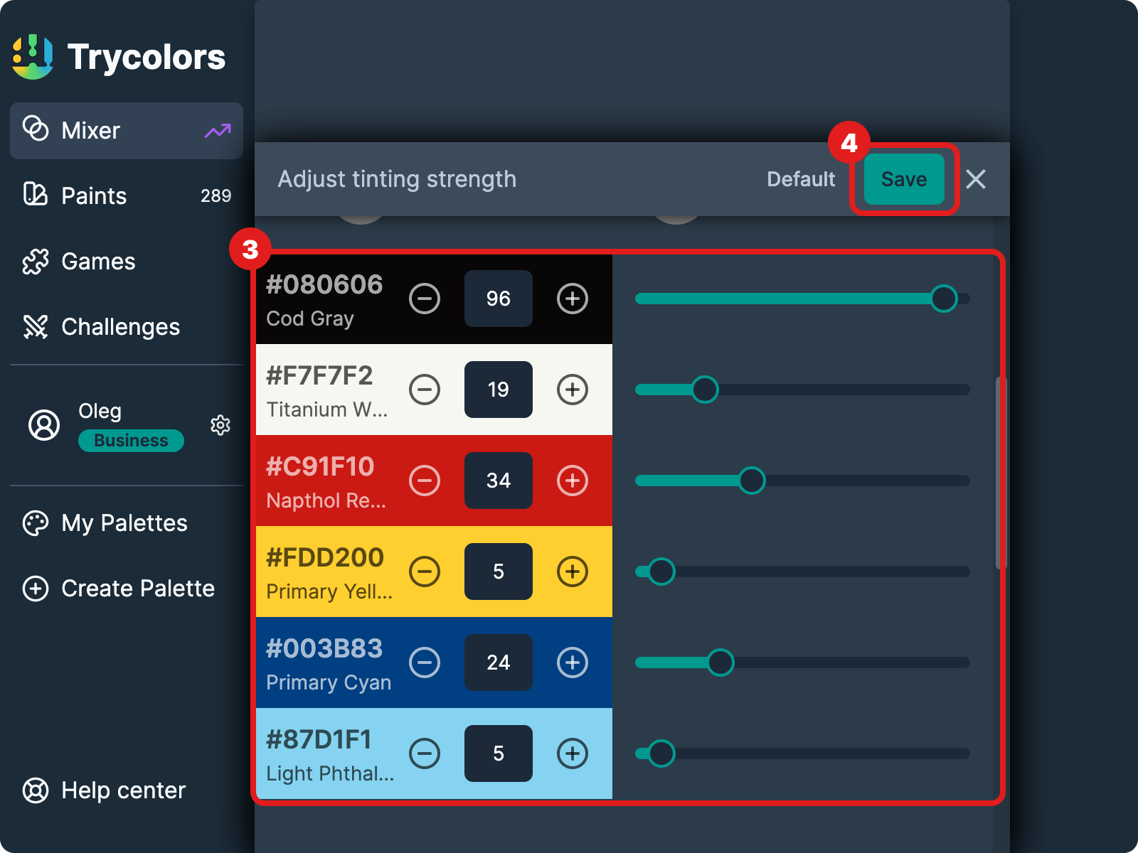 Tinting strength sliders